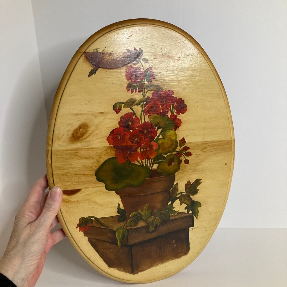 Vintage Hand Painted Oval Wood Wall Art Geranium Flower Butterfly LaVonne Signed